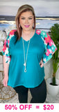 Teal top with printed bell sleeves