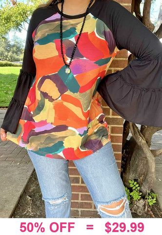 Abstract colorful top with black bell sleeves