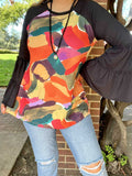 Abstract Fall top with black bell sleeves