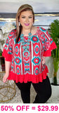 Red Turquoise tribal ruffle trim top