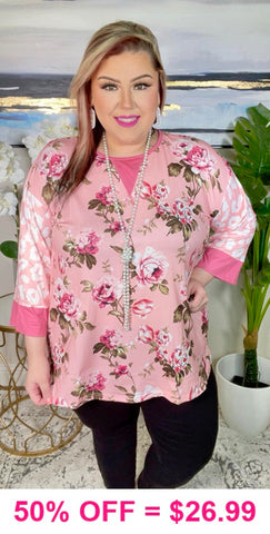 S, M, L, XL Light Pink Floral top with Blush leopard sleeves