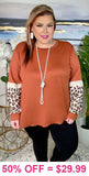 Rust top with leopard crochet long sleeves