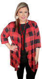 Red Plaid Silky Drape Front Cardigan