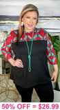 Black top with Red & Tq tribal sleeves