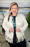 Ivory suede fringe jacket turquoise buttons