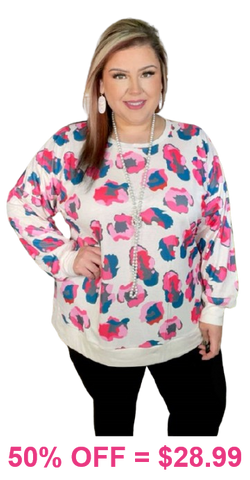 Pink & Blue leopard print ivory sweatshirt