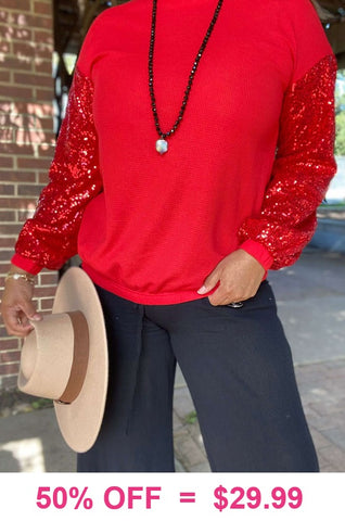 Red Waffle Knit Top with Sequin sleeves