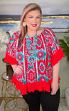 Red Turquoise tribal ruffle trim top