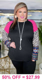 Black top with pink, leopard, tribal long sleeves