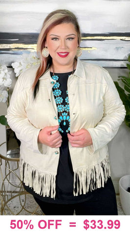 Ivory suede fringe jacket turquoise buttons