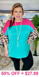 Turquoise and Pink Top with leopard bell sleeves