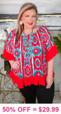 Red Turquoise tribal ruffle trim top