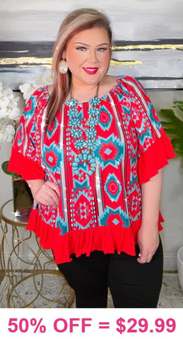 Red Turquoise tribal ruffle trim top