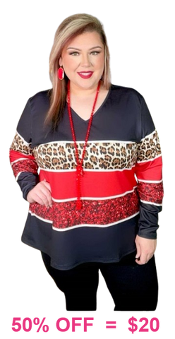 Black, Leopard, Red stripe long sleeve top