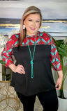 Black top with Red & Tq tribal sleeves