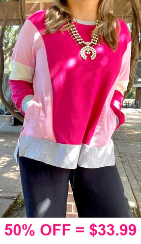 Pink waffle knit long sleeve with pockets