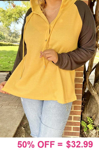 Mustard Hoodie with brown sleeves