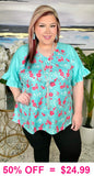 Turquoise floral bell sleeve top