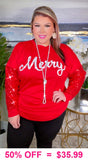 S, XL, 2X, 3X MERRY Red top sequin long sleeves