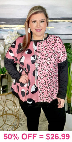 Pink leopard prints, black long sleeve top