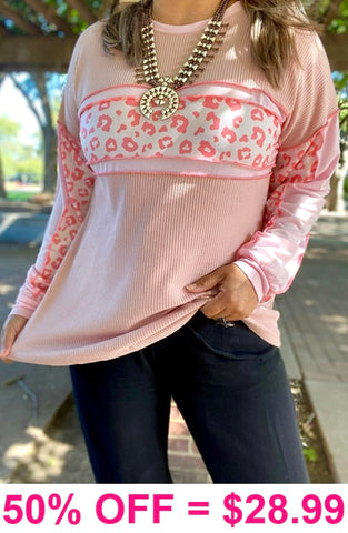 XL, 2X, 3X Blush waffle knit top with leopard print