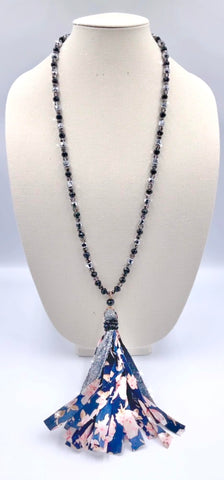 Black & Silver crystal beaded necklace with floral tassel