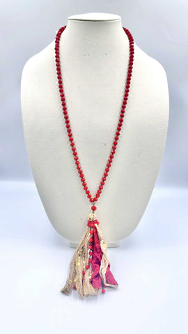 Red crystal necklace with fabric tassel