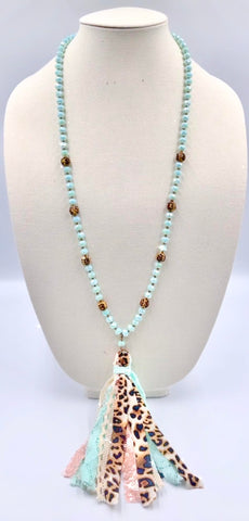 Light Blue Crystal necklace with leopard tassel