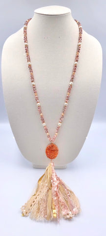 Bronze druzy stone, tassel, crystal beaded necklace