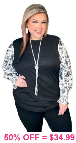 Black Top with white paisley long sleeves