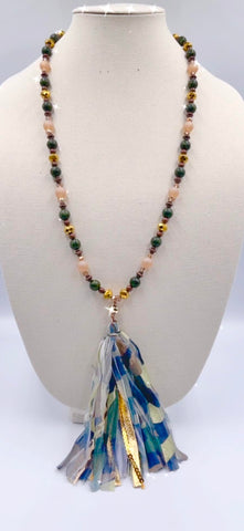 Camo Tassel Green Beaded Necklace