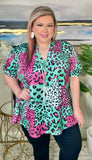 Turquoise, Pink, Black leopard top - loose fit