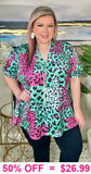 Turquoise, Pink, Black leopard top - loose fit