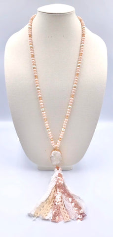 Cream druzy stone, tassel, crystal beaded necklace