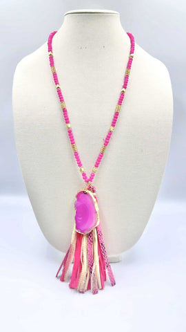 Pink Necklace with stone slab and tassel