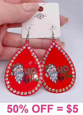 Red teardrop bling hohoho Christmas earrings