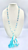 Frosted Beaded necklace with Blue fabric tassel