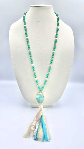 Turquoise & Pearl Necklace with Oval druzy stone and tassel