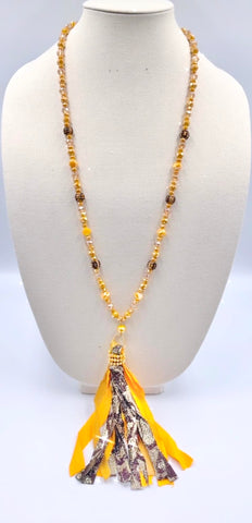 Mustard crystal necklace with Leopard tassel