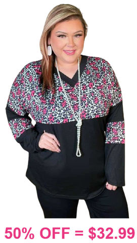 Pink Leopard, Black v-neck, long sleeve top