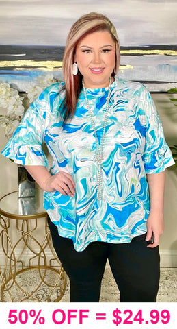 Blue swirl ruffle sleeve top