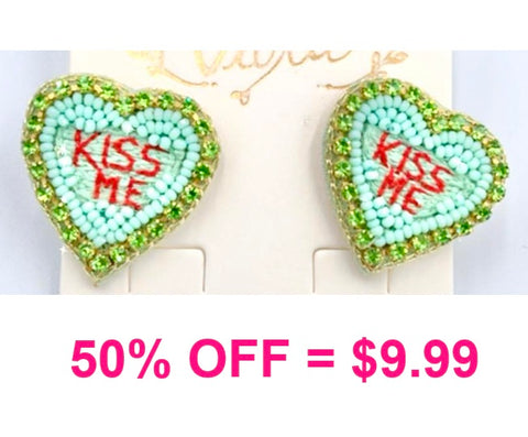 KISS ME mint beaded heart studs