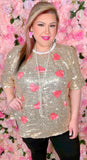 Gold Sequin Top with Pink Glitter Hearts