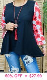 Black High Low Top with Red Rose sleeves