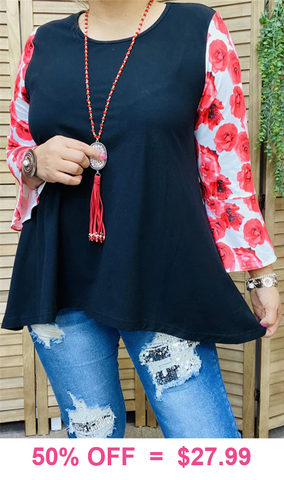 Black Top with red floral sleeves