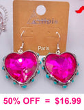 Pink Bling Heart Gem earrings with turquoise studded border