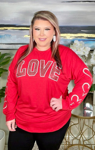 3X : Red LOVE Sequin long sleeve top