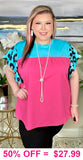 Pink & Turquoise blouse leopard cap sleeve