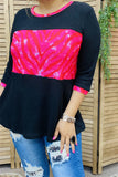 Black waffle knit top with pink zebra