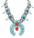 Silver Navajo Pearl Beaded Squash Blossom with Turquoise and Red Stones